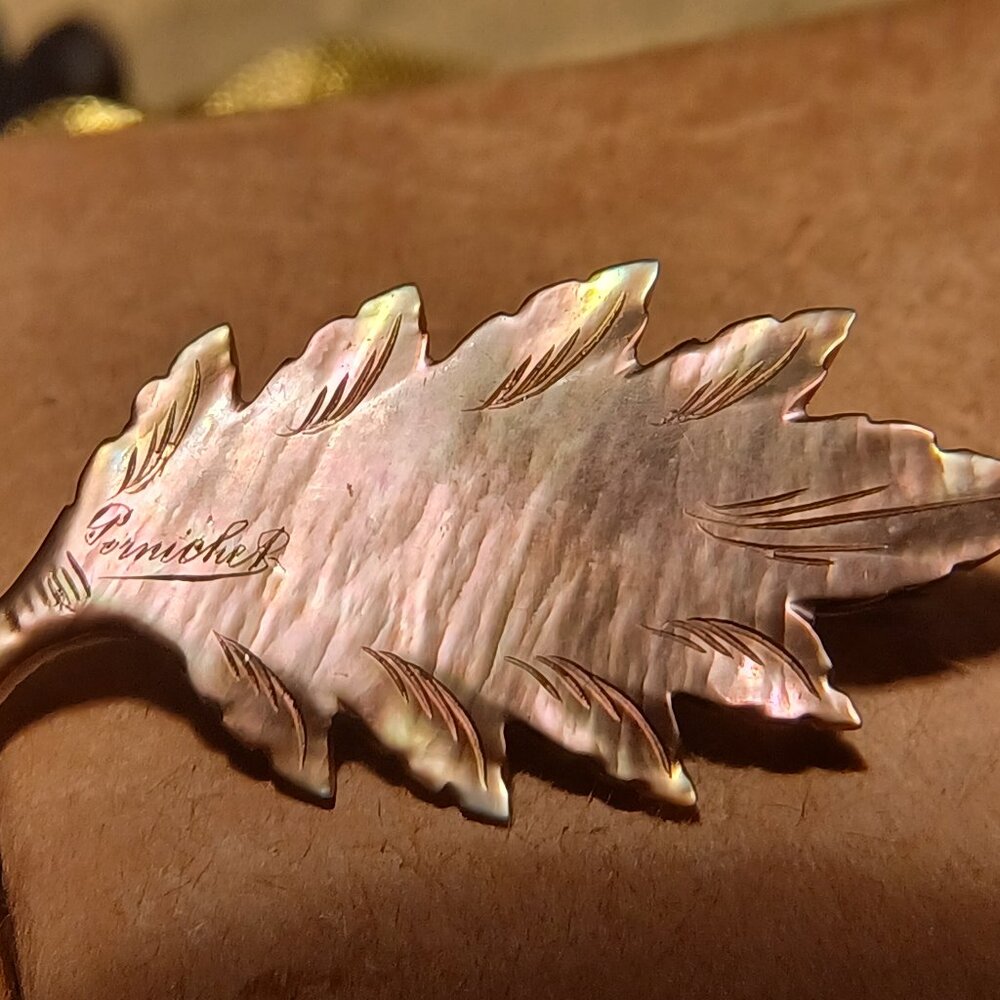 "Pornichet" -  Hand - Carved,  Signed Mother-of-Pearl  Brooch